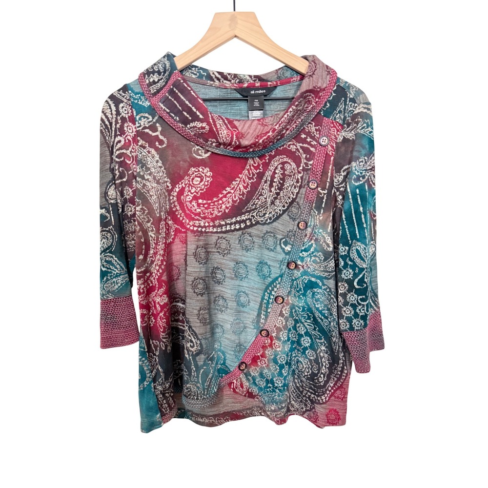 Ali‎ Miles Petite Paisley Patchwork Cowl Neck Top Boho Artsy Lagenlook PM